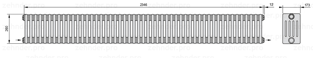 Схема (чертеж) Радиатор Zehnder Charleston 5026/51 №2670 Белый глянцевый RAL 9016
